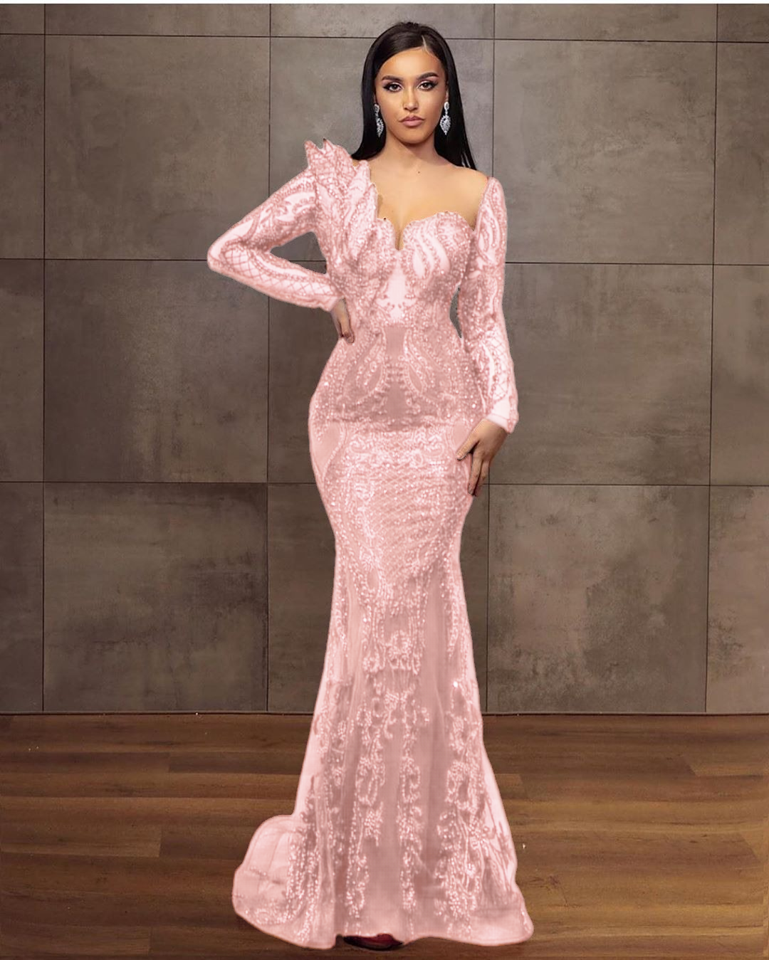 Long Sleeves Formal Dress Tulle Burgundy Lace Appliques Mermaid Evening Dress