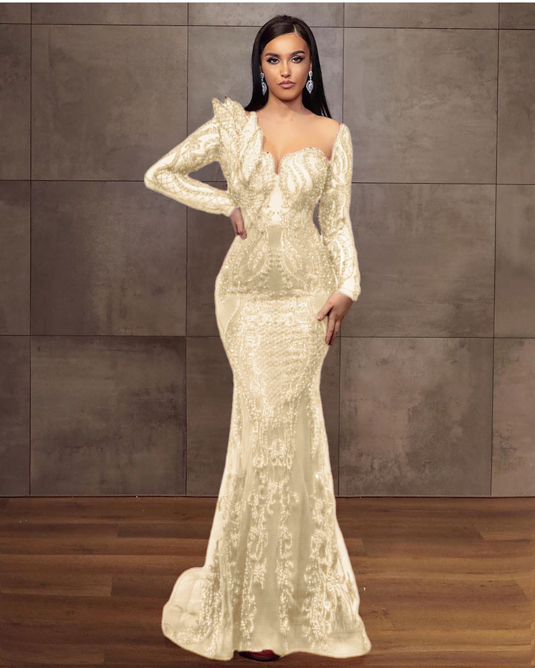 Long Sleeves Formal Dress Tulle Burgundy Lace Appliques Mermaid Evening Dress