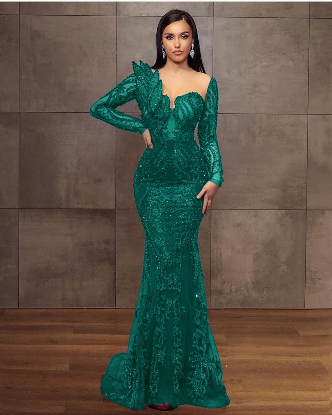 Long Sleeves Formal Dress Tulle Burgundy Lace Appliques Mermaid Evening Dress