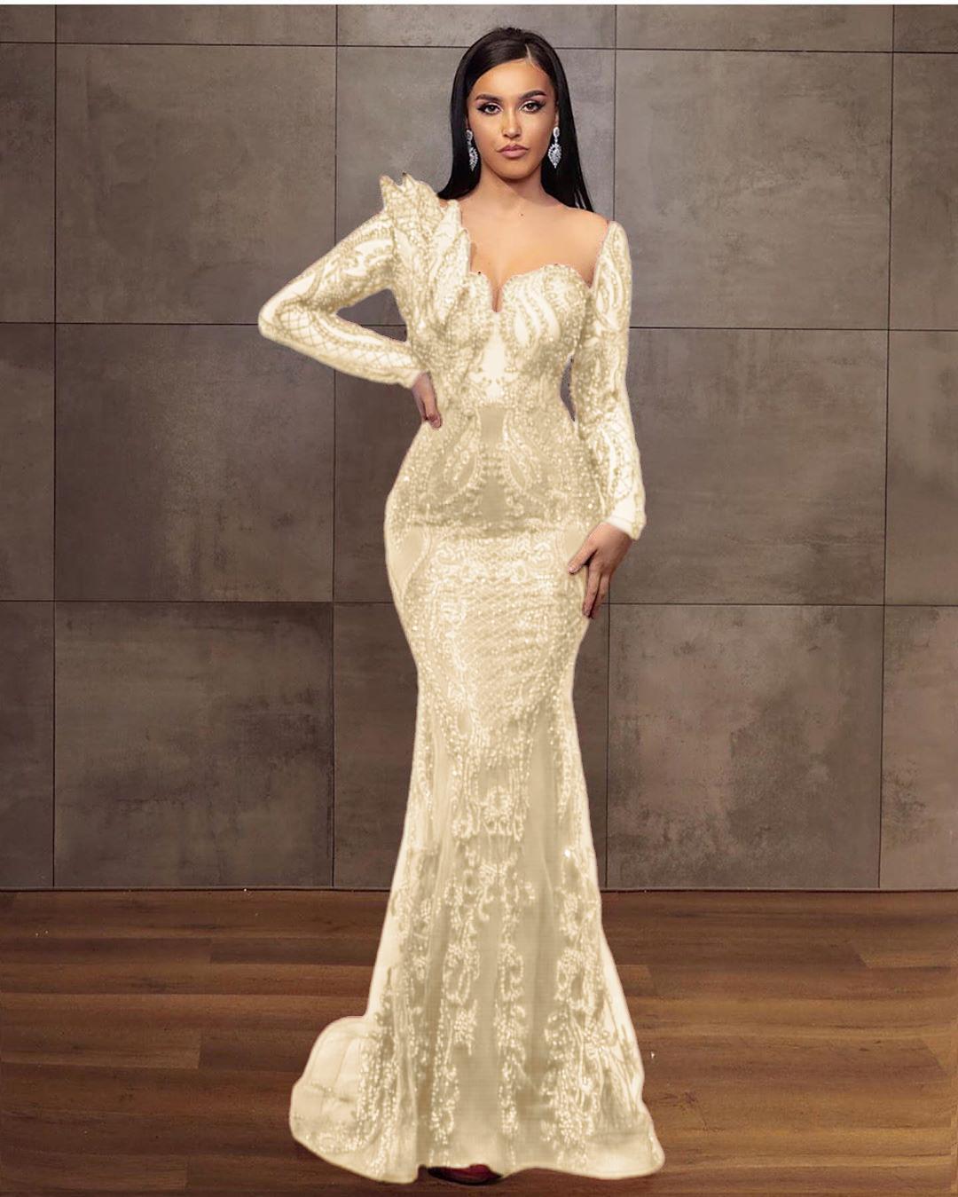 Long Sleeves Formal Dress Tulle Burgundy Lace Appliques Mermaid Evening Dress