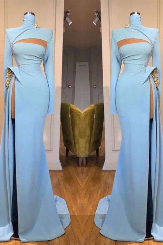 Long Sleeves High Neck Mermaid Prom Dress Long With Slit