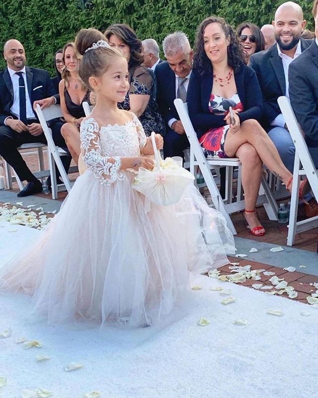 Long Sleeves Tulle Appliques A Line Flower Girl Dress with Bowknot