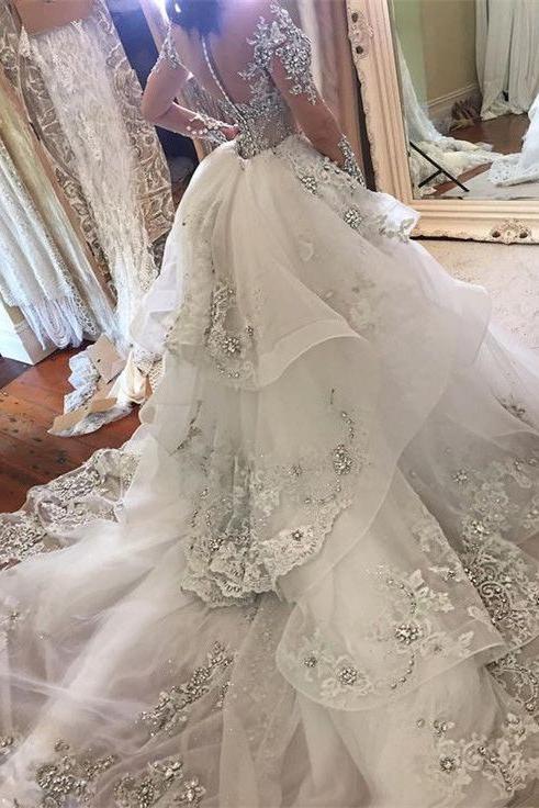 Long Sleeves Tulle High Neck Wedding Dress Appliques Bridal Dress With Panel Train