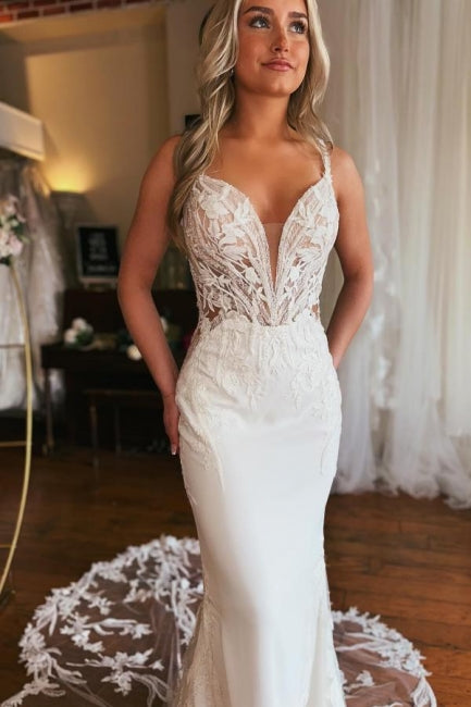 Long V Neck Wedding Dress Mermaid Sleeveless Bridal Gown With Lace