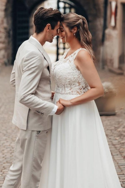 Long White Wedding Dress A Line Lace Chiffon Sleeveless Backless Bridal Gown