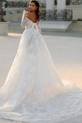 Long White Wedding Dress A Line Off The Shoulder Lace Bridal Gown With Long Sleeves
