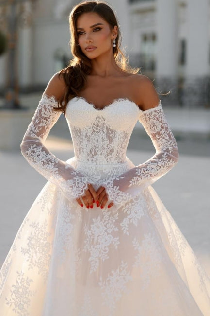 Long White Wedding Dress A Line Off The Shoulder Lace Bridal Gown With Long Sleeves