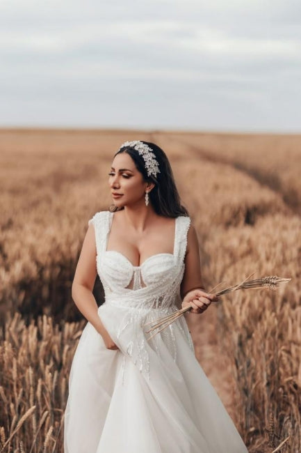 Long White Wedding Dress A Line Tulle Sleeveless Bridal Gown With Lace