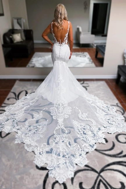Long White Wedding Dress Mermaid Straps V Neck Backless Bridal Gown With Lace