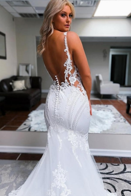 Long White Wedding Dress Mermaid Straps V Neck Backless Bridal Gown With Lace