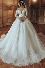 Long White Wedding Dress Scoop Neck A Line Tulle Lace Bridal Gown With Long Sleeves
