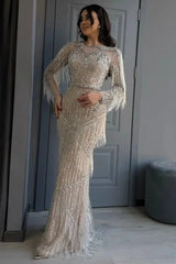 Long Sleeve Prom Dress Bateau Neck Beaded Sheath/Column Formal Dress with Fringes