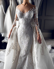 Long Sleeve Wedding Dress Ivory Mermaid Crew Neck Bridal Gown with Detachable Train