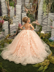 Pink Ball Gown Tulle Princess Flower Girl Dress with Lace Appliques