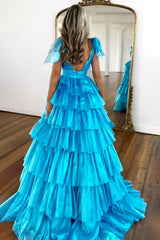 Royal Blue A Line V Neck Ruffled Long Prom Dress