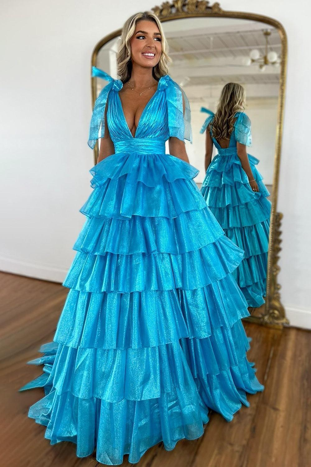 Royal Blue A Line V Neck Ruffled Long Prom Dress