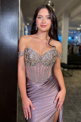 Luxurious Mermaid Off The Shoulder Grey Purple Corset Prom Dress With Beading Formal Evening Gown