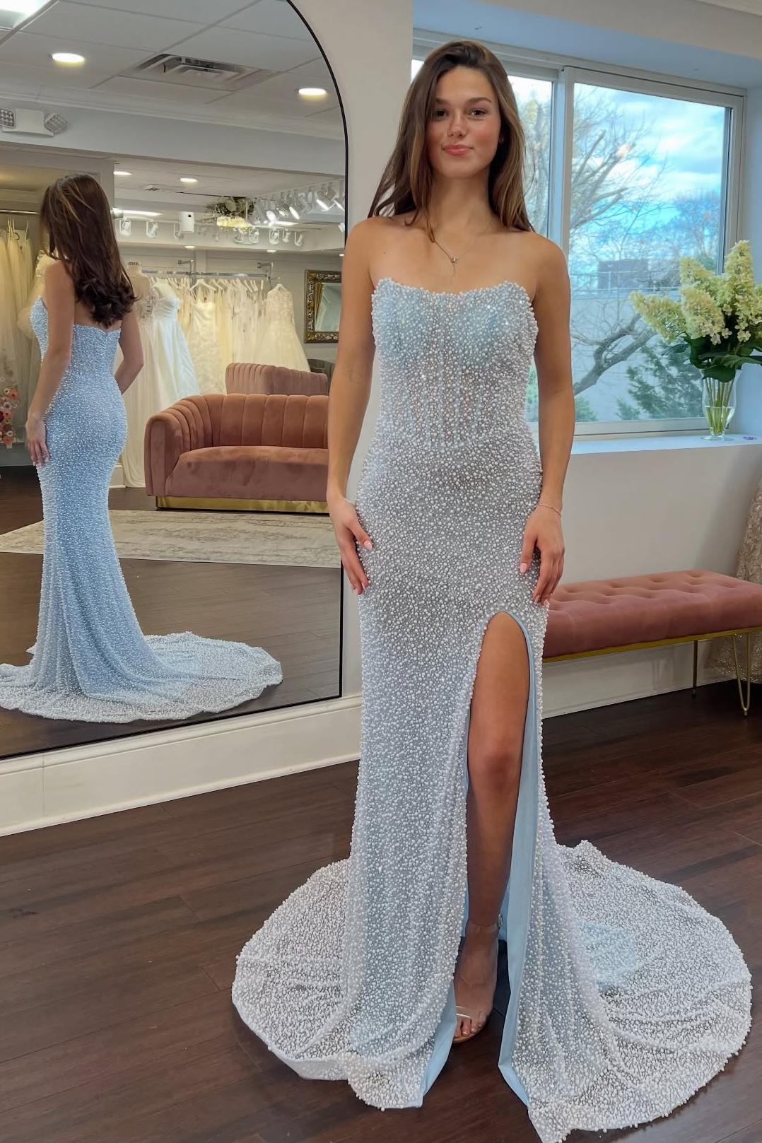 Luxurious Mermaid Strapless Light Blue Corset Prom Dress With Pearls Split Front Formal Evening Gown