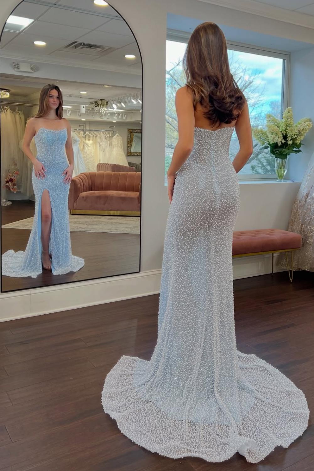 Luxurious Mermaid Strapless Light Blue Corset Prom Dress With Pearls Split Front Formal Evening Gown
