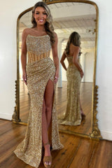 Luxurious Sequin Strapless Mermaid Prom Dress With Long Silhouette And Front Slit Formal Evening Gown