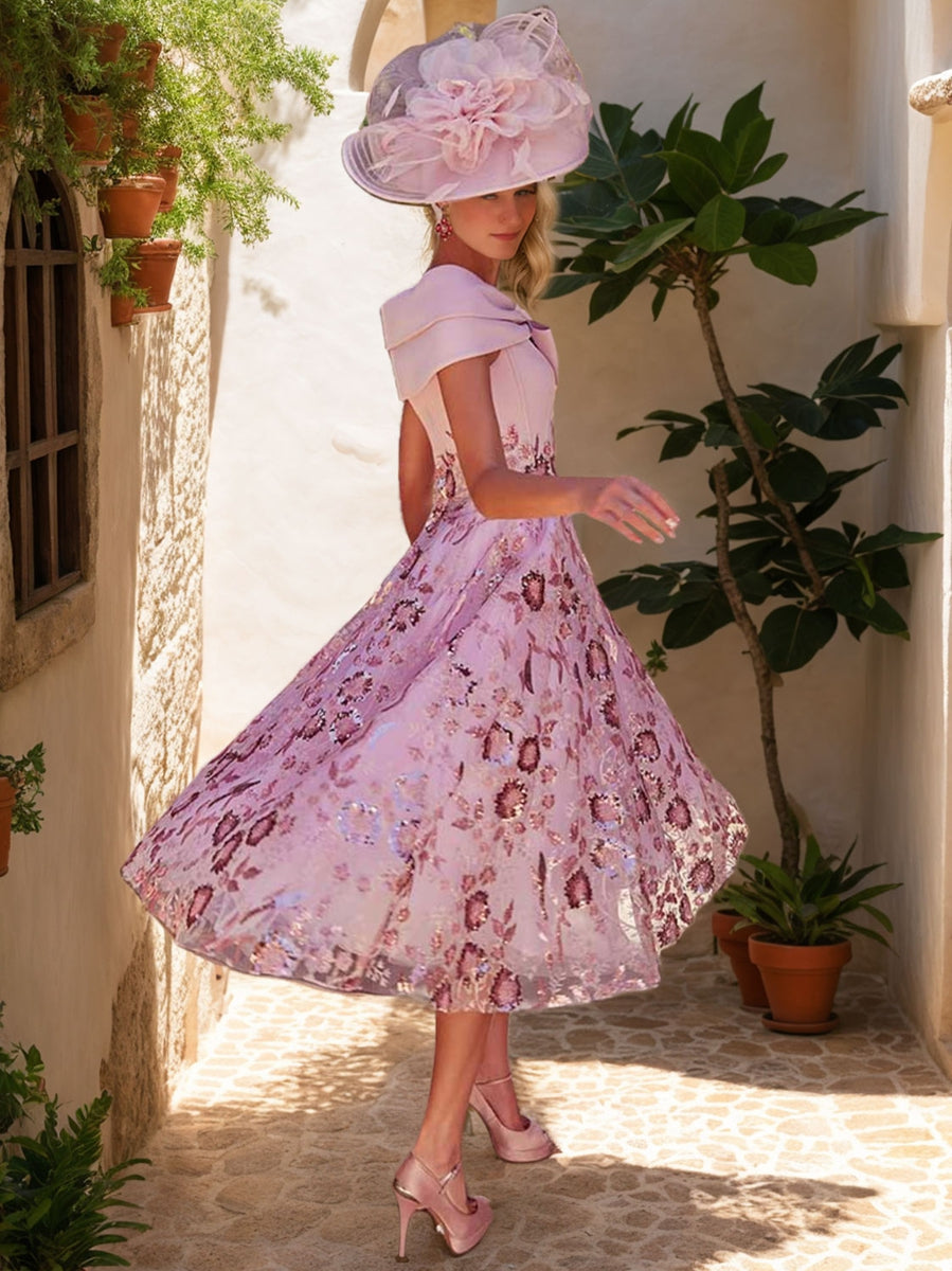Luxurious V Neck A Line Tea Length Mother of the Bride Dresses with Bow & Embroidery