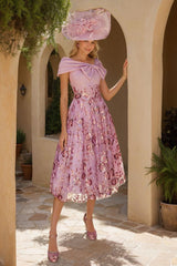 Luxurious V Neck A Line Tea Length Mother of the Bride Dresses with Bow & Embroidery