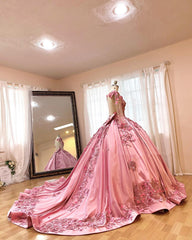 Luxury Ball Gown Flower Round Neck Long Sleeves Flower Lace Appliques Beaded Backless Sweep Train Pink Satin Quinceanera Dress For Sweet 16