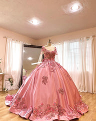 Luxury Ball Gown Flower Round Neck Long Sleeves Flower Lace Appliques Beaded Backless Sweep Train Pink Satin Quinceanera Dress For Sweet 16