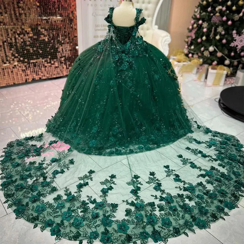 Luxury Ball Gown Off Shoulder 3D Flower Appliques Beaded Emerald Green Tulle Quinceanera Dress For Sweet 16 Wedding Party Gown