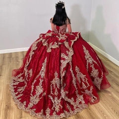Luxury Ball Gown Off Shoulder Cap Sleeveless Lace Appliques Red Tulle Quinceanera Dress Birthday Prom Party Gown For Sweet 16