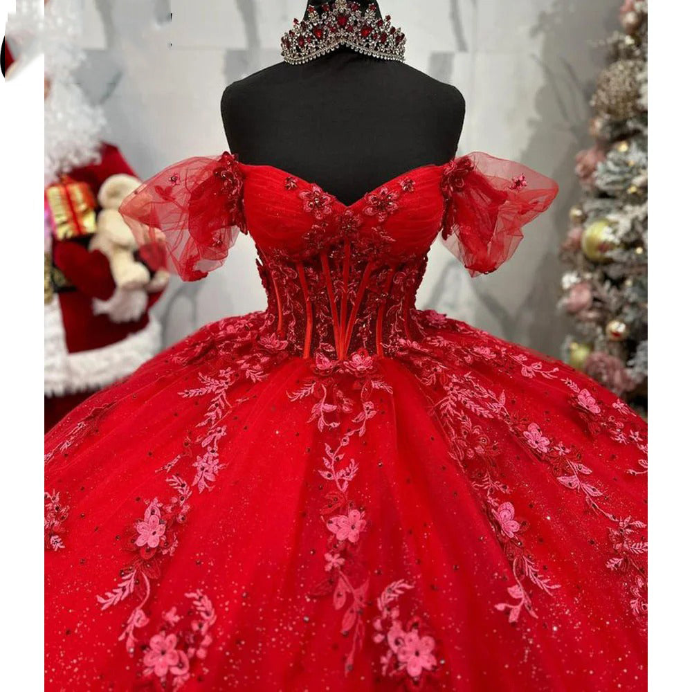 Luxury Ball Gown Off Shoulder Lace Applique Beaded Red Tulle Quinceanera Dress Princess Birthday Gown For Sweet 16