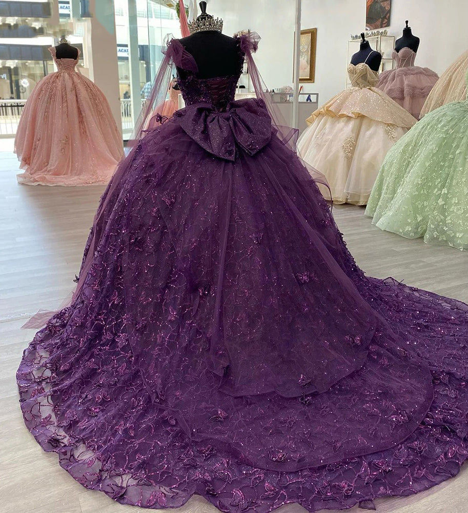Luxury Ball Gown Strapless Straps Sleeveless Bow Knot 3D Butterfly Appliques Purple Tulle Quinceanera Dress Princess Party Dress For Sweet 16