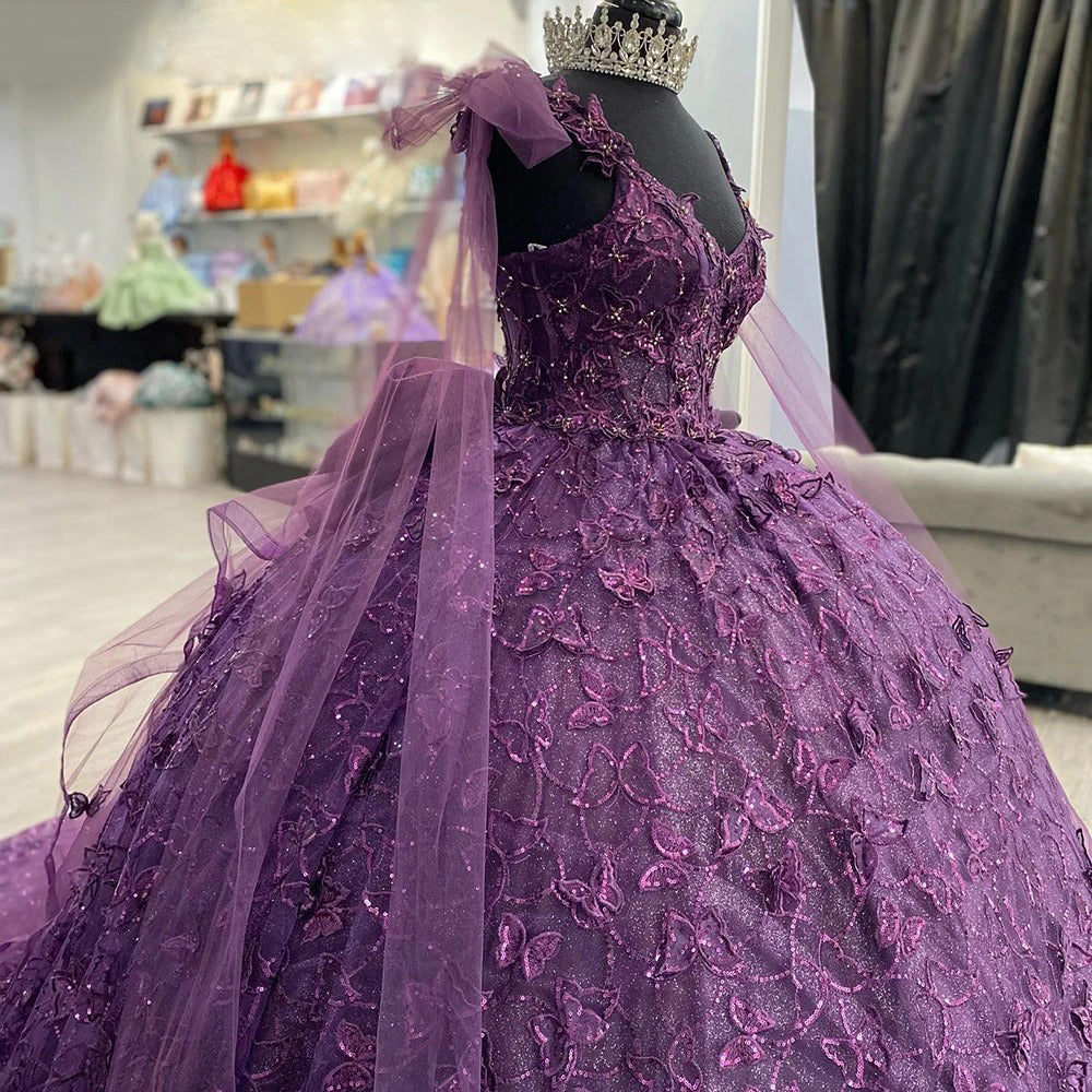 Luxury Ball Gown Strapless Straps Sleeveless Bow Knot 3D Butterfly Appliques Purple Tulle Quinceanera Dress Princess Party Dress For Sweet 16