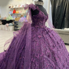 Luxury Ball Gown Strapless Straps Sleeveless Bow Knot 3D Butterfly Appliques Purple Tulle Quinceanera Dress Princess Party Dress For Sweet 16