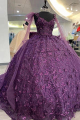 Luxury Ball Gown Strapless Straps Sleeveless Bow Knot 3D Butterfly Appliques Purple Tulle Quinceanera Dress Princess Party Dress For Sweet 16