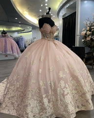 Luxury Ball Gown Sweetheart Neck Off Shoulder Lace Appliques Beaded Pink Tulle Quinceanera Dress Princess Prom Party Gown For Sweet 16