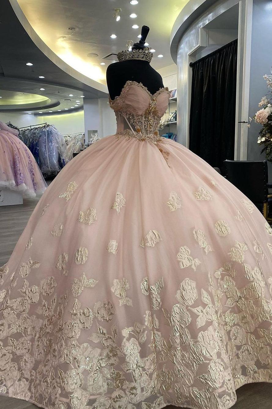 Luxury Ball Gown Sweetheart Neck Off Shoulder Lace Appliques Beaded Pink Tulle Quinceanera Dress Princess Prom Party Gown For Sweet 16