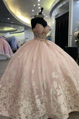 Luxury Ball Gown Sweetheart Neck Off Shoulder Lace Appliques Beaded Pink Tulle Quinceanera Dress Princess Prom Party Gown For Sweet 16