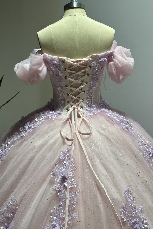 Luxury Ball Gown Sweetheart Neck Puff Sleeves Lace Appliques Beaded Pink Tulle Princess Evening Party Gowns Quinceanera Dress For Sweet 16