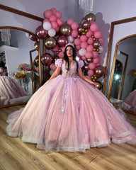 Luxury Ball Gown Sweetheart Neck Puff Sleeves Lace Appliques Beaded Pink Tulle Princess Evening Party Gowns Quinceanera Dress For Sweet 16