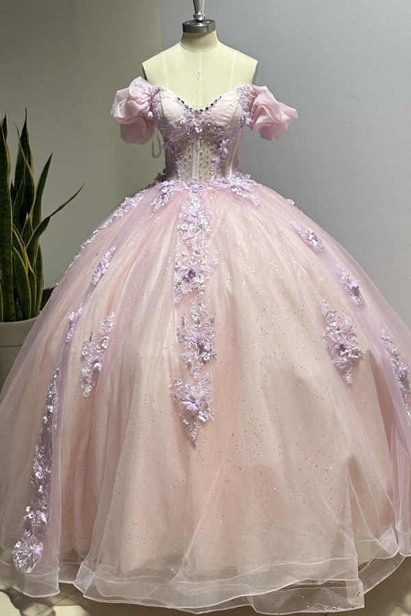 Luxury Ball Gown Sweetheart Neck Puff Sleeves Lace Appliques Beaded Pink Tulle Princess Evening Party Gowns Quinceanera Dress For Sweet 16
