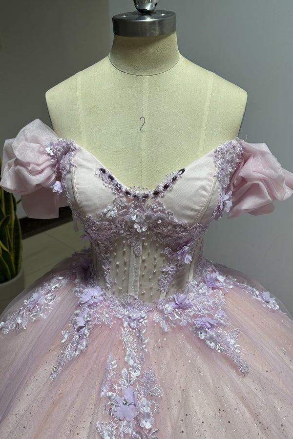 Luxury Ball Gown Sweetheart Neck Puff Sleeves Lace Appliques Beaded Pink Tulle Princess Evening Party Gowns Quinceanera Dress For Sweet 16