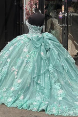 Luxury Ball Gown Sweetheart Neck Sleeveless 3D Colorful Flower Appliques Lace Up Bown Knot Mint Green Tulle Quinceanera Dress Birthday Party Gown For Sweet 16