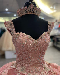 Luxury Ball Gown Sweetheart Neck Straps Sleeveless Lace Appliques Beaded Pink Tulle Birthday Party Princess Dress Quinceanera Dress For Sweet 16