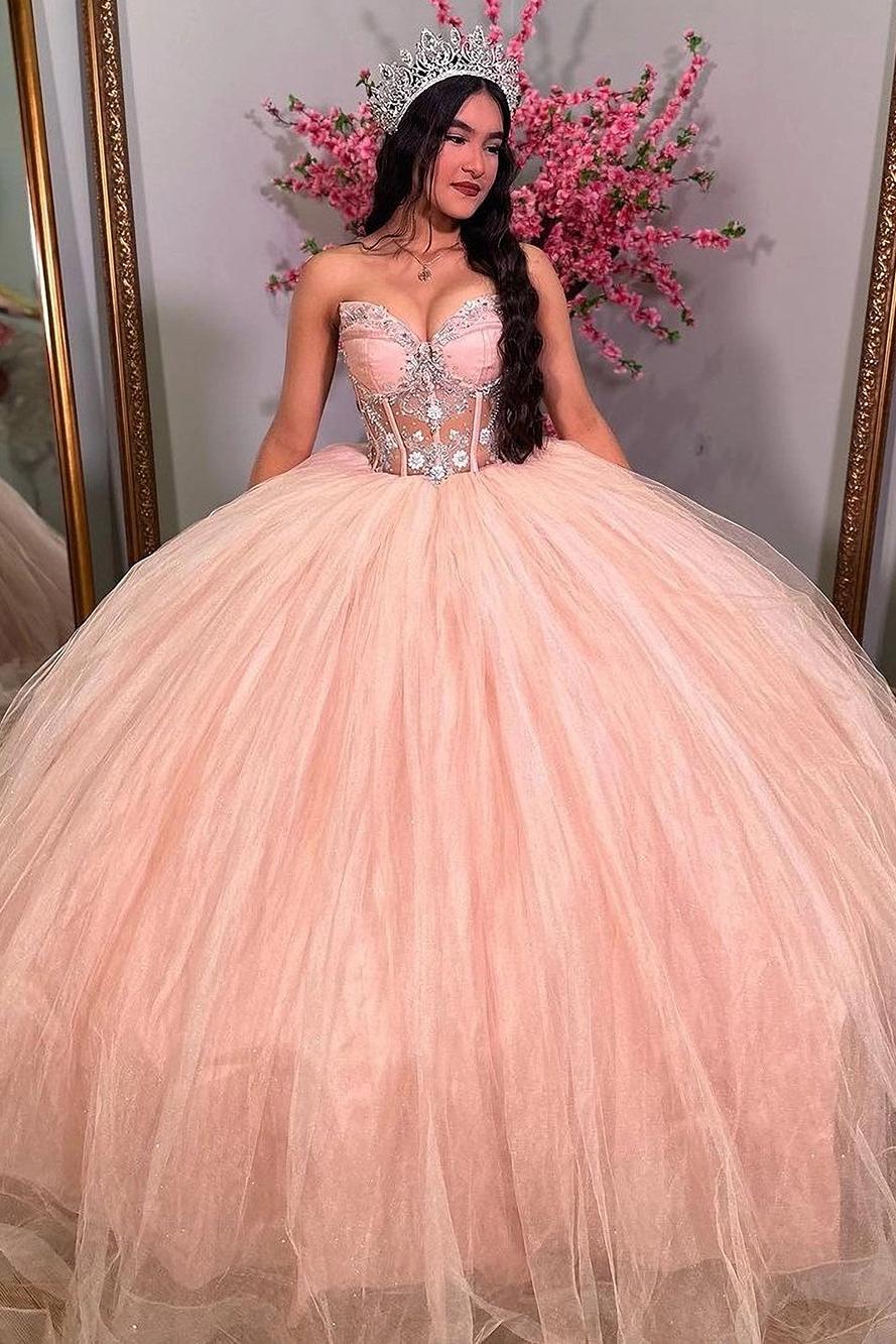 Luxury & Elegant Ball Gown Strapless Lace Appliques Beaded Pink Tulle Princess Quinceanera Dress Formal Evening Party Gown For Sweet 16