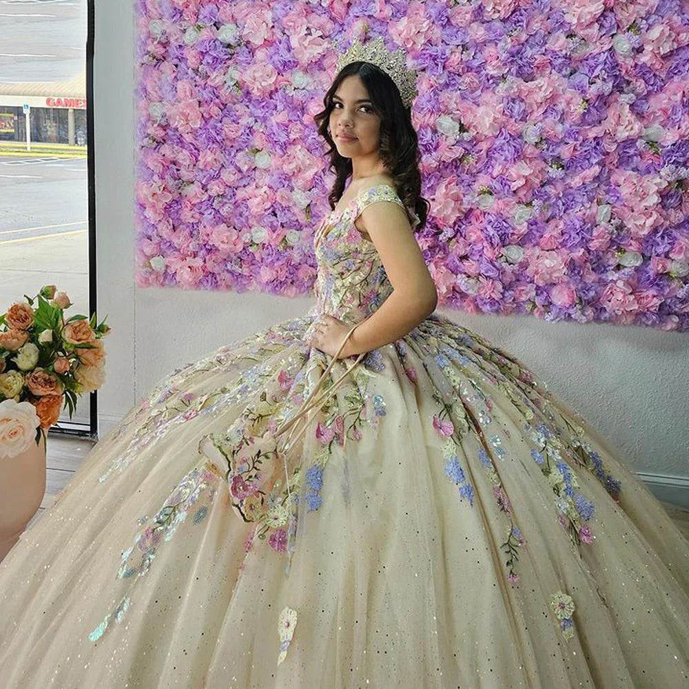 Luxury & Glamorous Ball Gown Off Shoulder 3D Floral Applique Beaded Tulle Quinceanera Dress Birthday Party Gown For Sweet 16