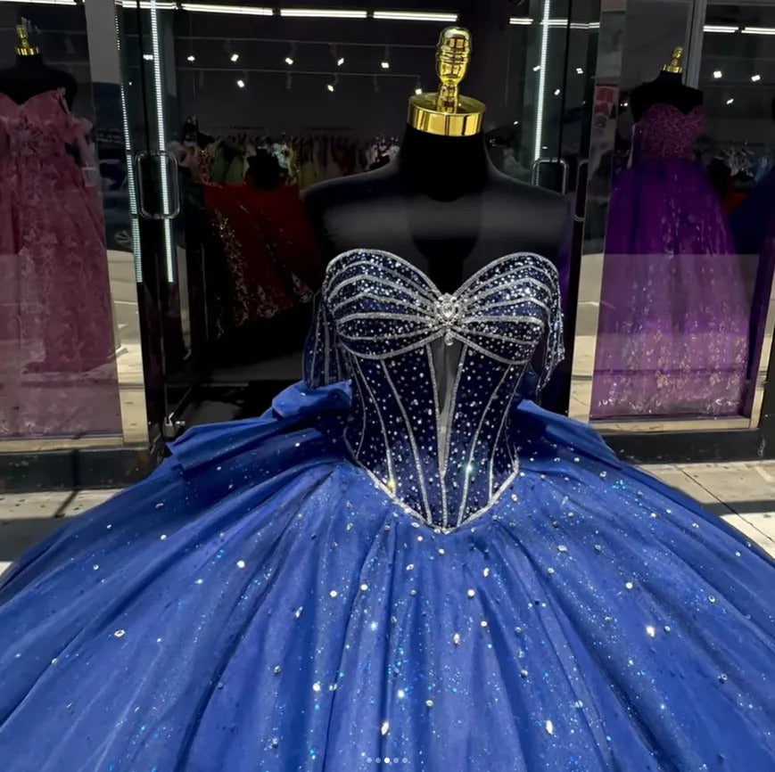 Luxury & Glitter Ball Gown Off Shoulder Beaded Bow Knot Dark Navy Tulle Quinceanera Dress Princess Party Gown For Sweet 16
