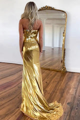 Luxury Gold Strapless Metallic Prom Dress With Mirror Top & Side Slit Formal Evening Gown