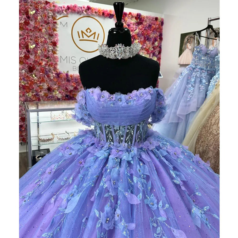 Luxury & Gorgeous Ball Gown Off Shoulder 3D Floral Lace Appliques Beaded Purple Tulle Quinceanera Dress Princess Party Gown For Sweet 16