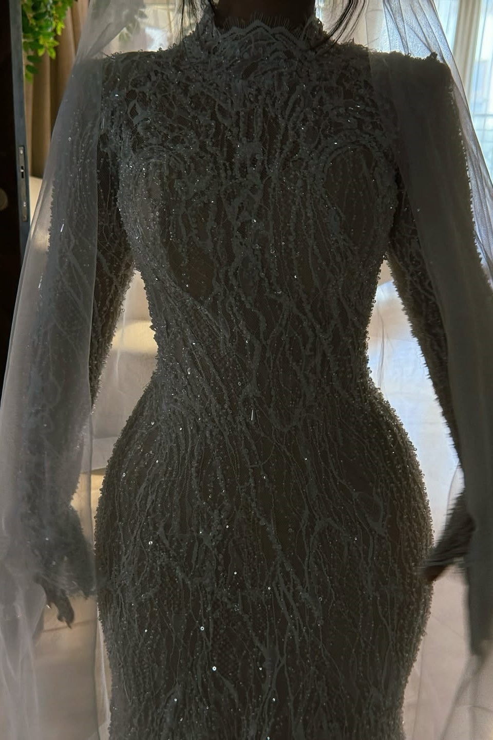 Luxury Long Sleeve Wedding Dress Beaded Mermaid High Neck Bridal Gown with Detachable Train